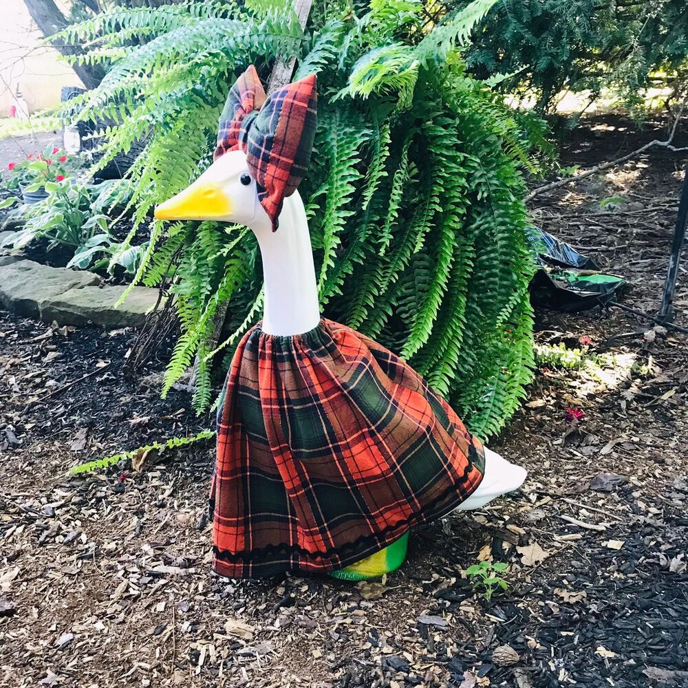 Porch Goose Dress & Bow Outfit For 18-23" Goose Handmade Fall Orange Black Plaid - Picture 11 of 13